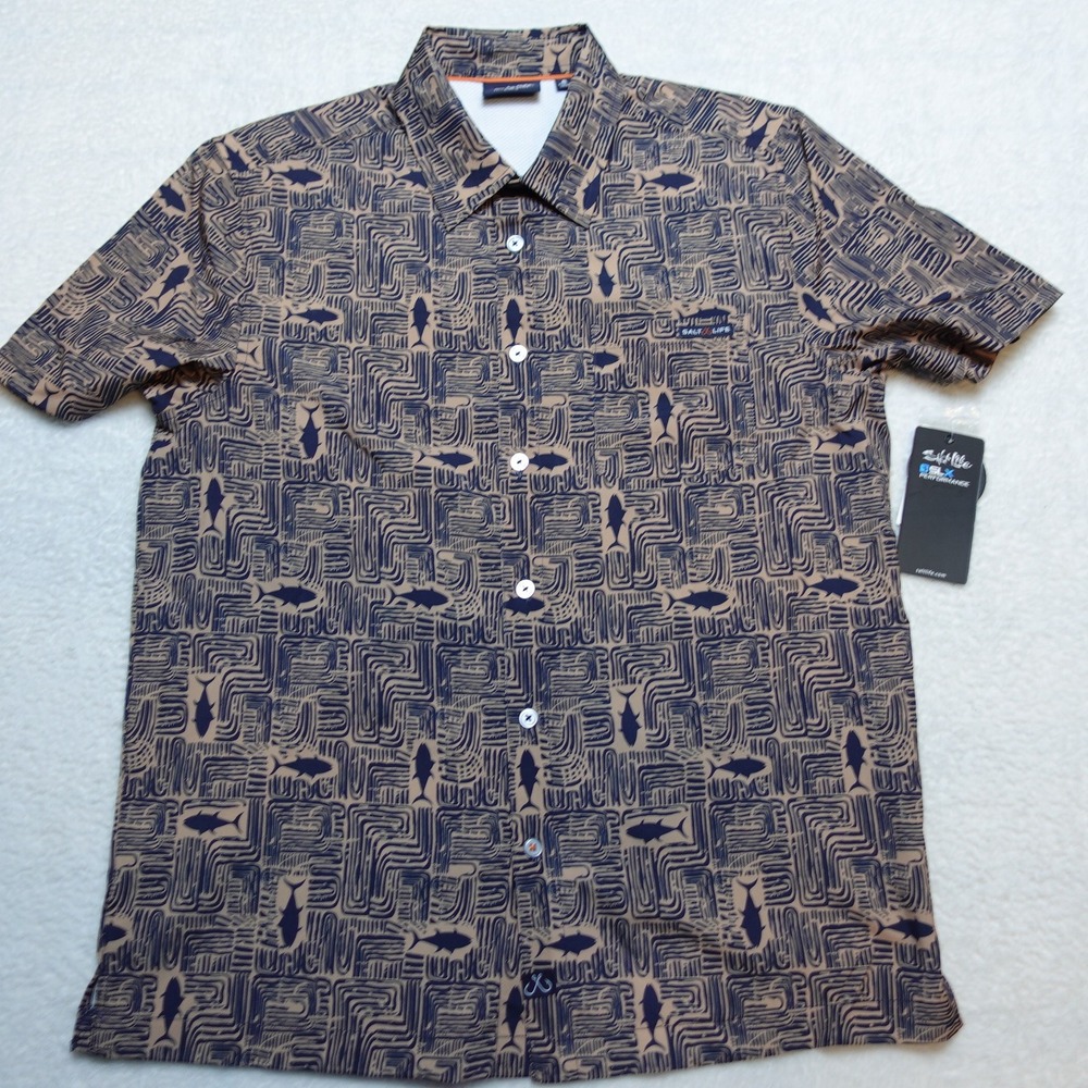 Salt Life Button Down Shirt Mens Small Taupe SLX Performance Fish Print SLM30494